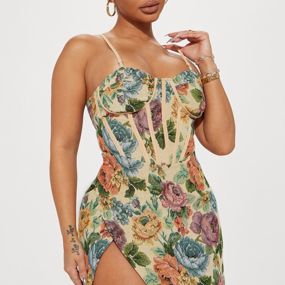 Floral Corset Midi Dress in Cream with Multicolor Blooms